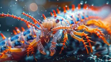 A close-up of a colorful crustacean with spiky legs photo