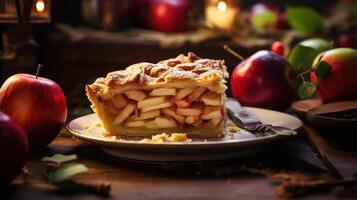 A slice of apple pie with a fork on a plate. photo