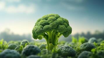 A close-up of a single broccoli stalk surrounded by others photo