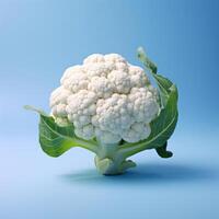 A head of cauliflower with green leaves on a blue background. photo