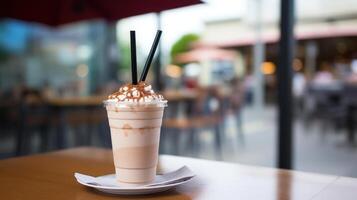 A creamy chocolate milkshake with whipped cream and a straw photo