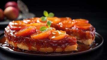 A close-up of a peach tart on a plate photo
