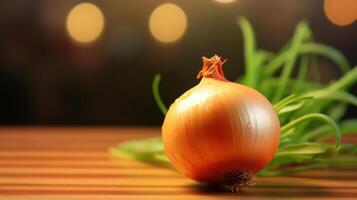A whole onion on a table with green onions behind it photo