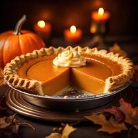 A pumpkin pie with a slice cut out photo