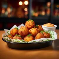 Bowl of fried cornbread balls with green onion garnish photo