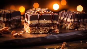a chocolate dessert with nuts and layers of different flavors photo