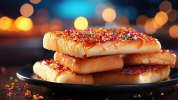 stack of fluffy pancakes topped with colorful sprinkles and drizzled with sweet syrup photo