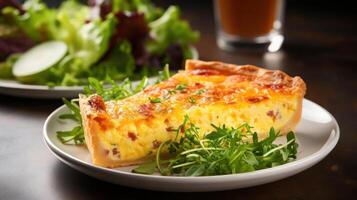 A slice of quiche lorraine on a plate with arugula photo