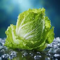 Green lettuce with water droplets and ice photo