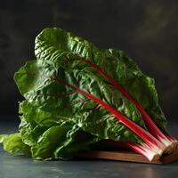 Close-up of freshly picked rainbow chard with vibrant red stems photo