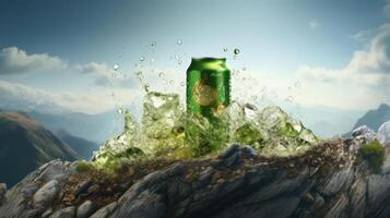 Green Beer Can on Top of Rocks with Mountains in Background photo