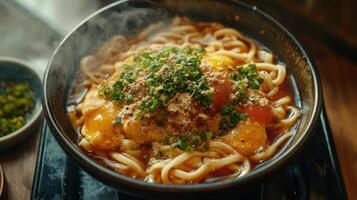 Japanese Udon Noodle Soup with Vegetables and Tofu photo