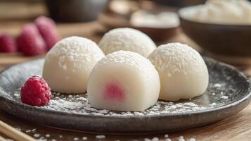 Japanese daifuku mochi balls with raspberry filling photo