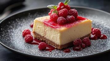 A slice of cheesecake with raspberries and powdered sugar photo