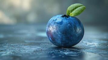 Close-up of a single blueberry with water droplets and green leaves photo