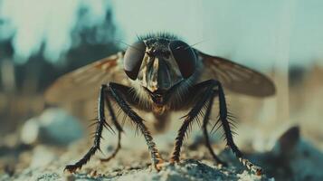 Close-up of a robber fly with large eyes and spiky legs photo