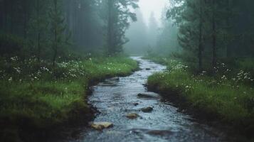 A serene forest stream flows gently through a lush green landscape. photo