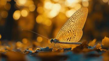 A golden dragonfly perched on a leaf photo