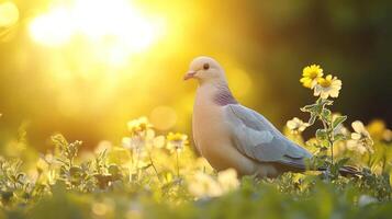 Bird standing in a field of flowers photo