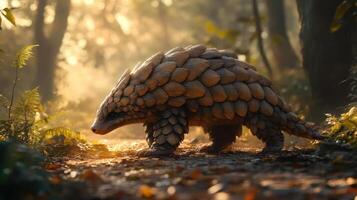A pangolin walking through a forest photo