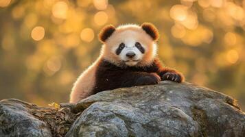 A cute panda cub sitting on a rock photo