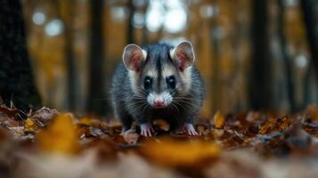 Opossum standing on leaves in a forest photo
