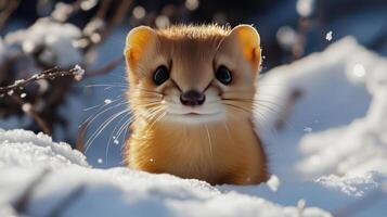 A cute weasel peeking out of the snow photo