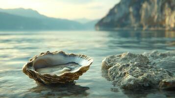 An oyster shell on a rocky beach with mountains in the background. photo