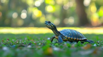 A turtle in a field of grass. photo