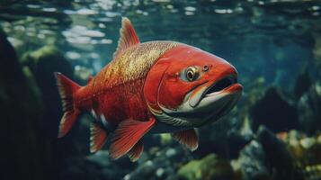 A large red fish with a big mouth and sharp teeth photo