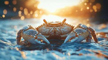 A crab is sitting on the sand. photo