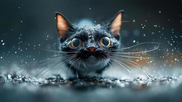 A black cat with large eyes and long whiskers peering out of the rain. photo