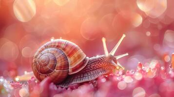 A snail with a shell on top of pink flower petals photo