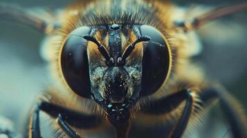 A close-up shot of a bee's face with large compound eyes photo