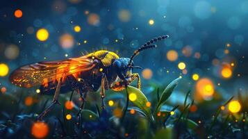 A close-up of a large insect in a field at night photo