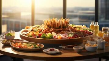 Large round tray filled with assorted food on a table photo