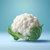 A head of cauliflower with green leaves on a blue background photo