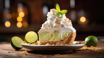 A slice of key lime pie with whipped cream and a sprig of mint on top. photo