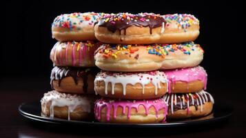 Stack of colorful donuts on a plate photo