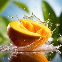 A mango cut in half with water splashing around it. photo