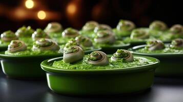 Delicious green bowls with snails and green sauce photo