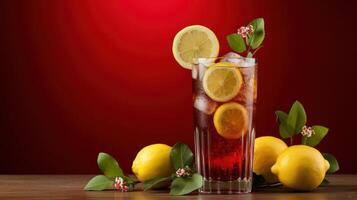 A glass of iced tea with lemon slices and lemons on a table. photo