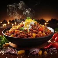Steaming hot bowl of chili con carne topped with a dollop of sour cream photo
