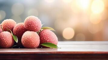 Fresh lychees on a table with green leaves photo