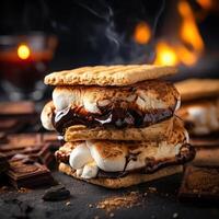 A delicious toasted marshmallow sandwich with chocolate and graham crackers photo