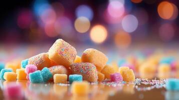 Colorful candies on a reflective surface. photo