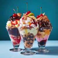 Three glasses of ice cream sundae with whipped cream and cherries photo