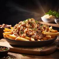 A plate of poutine with cheese curds and gravy on top. photo
