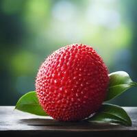 Close-up of a red lychee with green leaves. photo