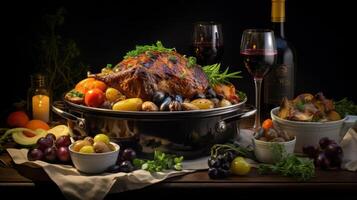 A festive table setting with roasted turkey and wine photo